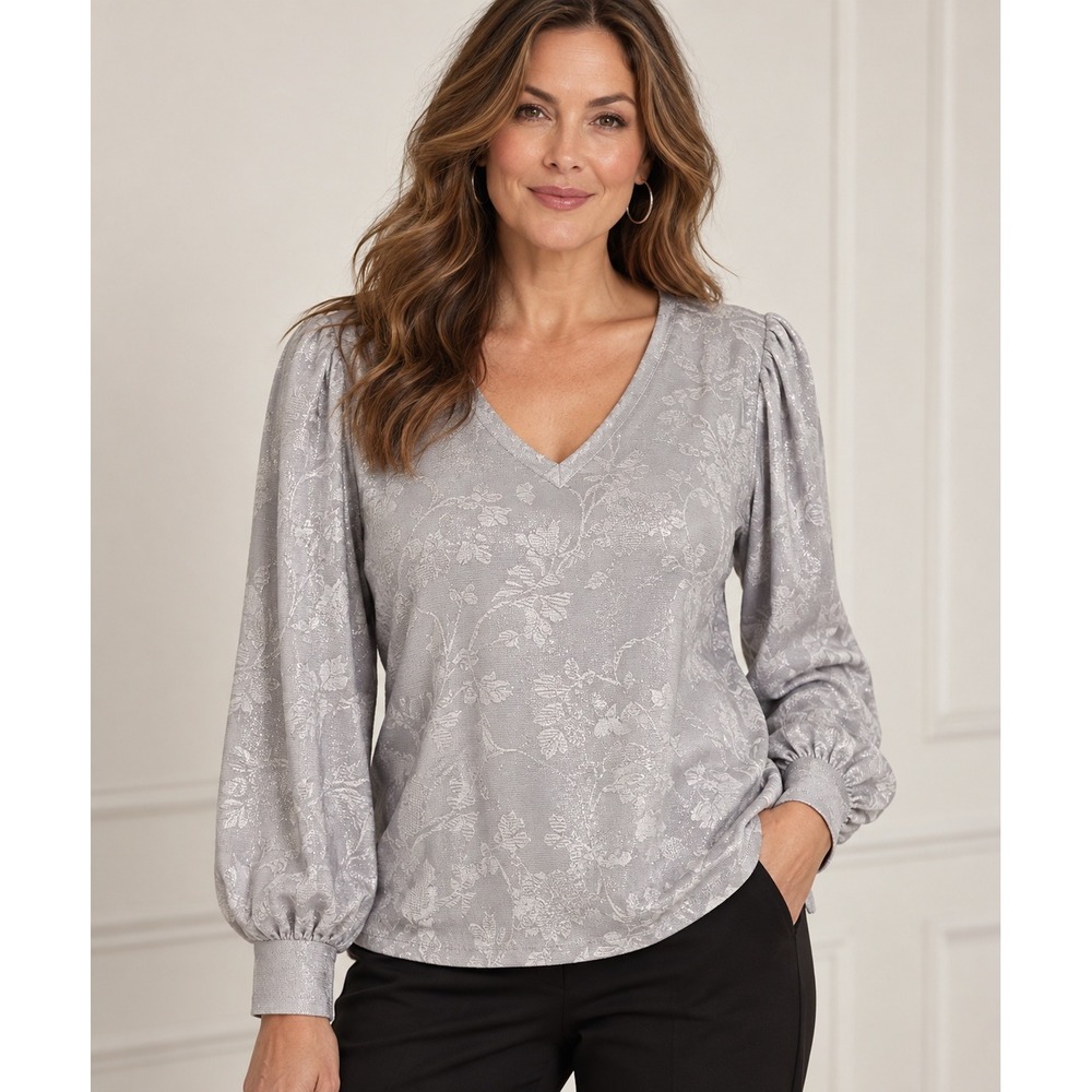 Chico's Top Size 2 Large Silver Shimmer Floral Jacquard Puff Sleeve Holiday